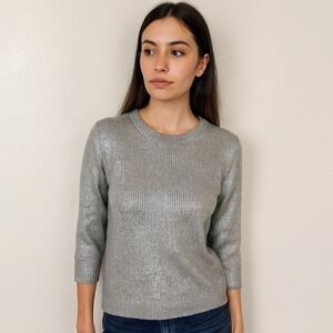 Frame Metallic Ribbed Sweater‎ Women Small Gray Merino Cashmere Knit 3/4 Sleeve